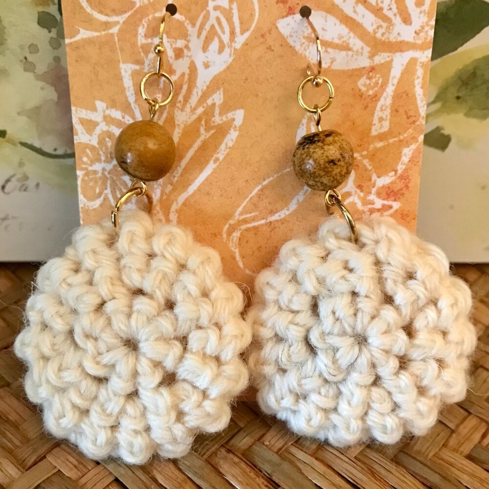 WINTER WHITE FIBER DANGLE EARRINGS with Brown Jasper Gemstone Handmade by Me